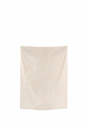 Bézs szövet absztrakt fehér kontúrvonalakkal, amelyek organikus, folyékony formákat alkotnak a felületen.