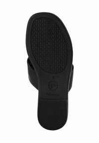 Black sandal sole, textured rubber for grip, with a rounded shape and stamped brand logo. Size 37 indicated on the sole.