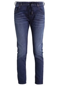 Pantalones jogger de mezclilla azul oscuro con cinturilla elástica y cordón. Cuenta con bolsillos frontales y un diseño de pierna ajustada.