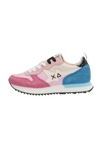 Colorful sneaker featuring pink, cream, and blue suede panels, black accents, white laces, and a textured rubber sole.