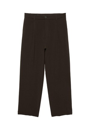 Dark brown tailored pants with front pleats, belt loops, button closure, and straight cropped legs.