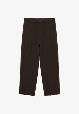 Dark brown tailored pants with front pleats, belt loops, button closure, and straight cropped legs.