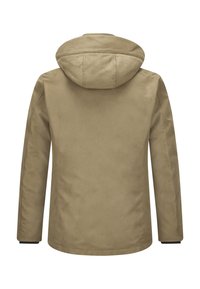 Beige Kapuzenjacke mit glatter Textur, langen Ärmeln und elastischen Bündchen. Verfügt über einen geraden Saum und minimale Nähdetails.