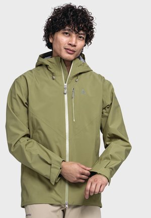 Wasserfeste grüne Jacke aus leichtem Stoff mit einem Reißverschluss vorne, verstellbarem Kapuzenkragen und elastischen Bündchen. Mit einer Brusttasche ausgestattet.