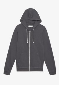 Dark gray zip-up hooded sweatshirt with white drawstrings and front pockets, laid flat on a white background.
