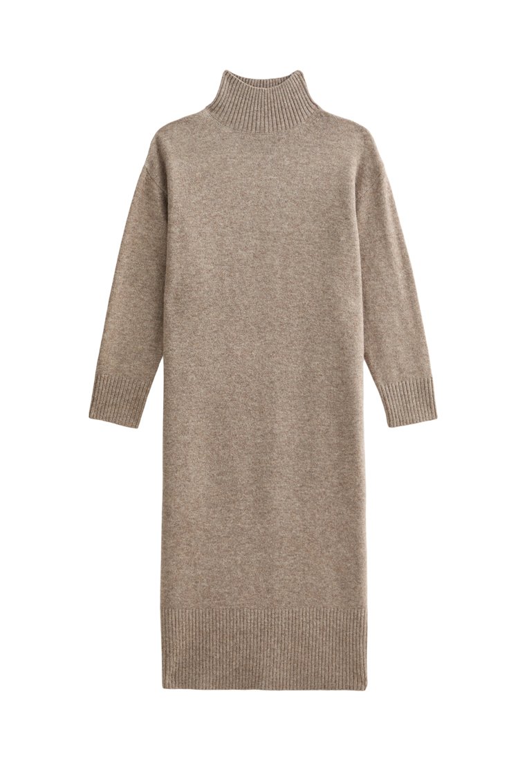 Beige Strick-Turtleneck-Kleid mit langen Ärmeln, gerippten Bündchen und Saum. Das Material scheint weich mit einer glatten Textur zu sein. Mittellange Silhouette.
