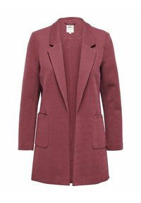Bordeaux blazer met een visgraatstructuur, open voorkant, twee zakken aan de voorkant en een reverskraag. Klassieke snit met lange mouwen.