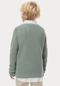 Maglione lavorato a maglia di colore verde chiaro, con un motivo testurizzato, maniche lunghe, polsini a costine e colletto a girocollo. Indossato con una camicia bianca sotto.