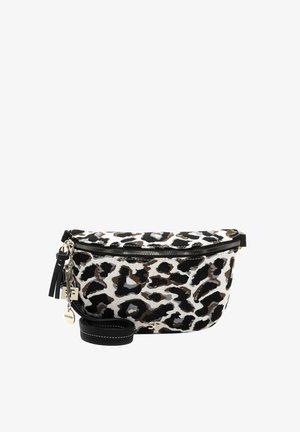 Leparda raksta plecu soma ar melnu rāvējslēdzēju, melnu ādas siksnu un dekoratīviem atslēgu piekariem. Auduma virsma ar strukturētu sajūtu.