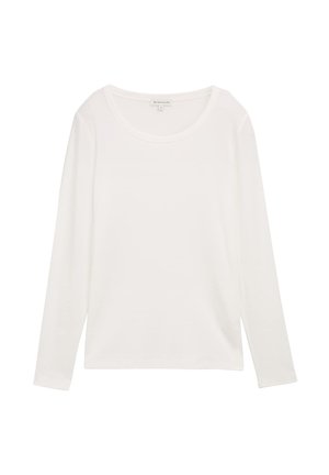 Bela dolga majica s kratkimi rokavi in preprostim, gladkim dizajnom ter majhnim logotipom znotraj ovratnika.