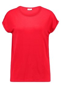 Camiseta casual de manga corta roja con escote redondo y pequeños detalles en los puños de las mangas, presentada sobre un fondo blanco.