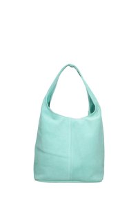 Sac en cuir mint doux avec une forme de hobo, doté d'une seule sangle courbée et d'une texture lisse. Design simple sans matériel visible.