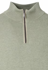 Lichtgroene geribbelde gebreide trui met een korte rits en hoge kraag, met gedetailleerde stoftextuur en ritsring.