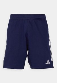 Navyblauwe sportshorts met elastische tailleband, witte zijkanten en een klein wit Adidas-logo op het linkerbeen nabij de zoom.