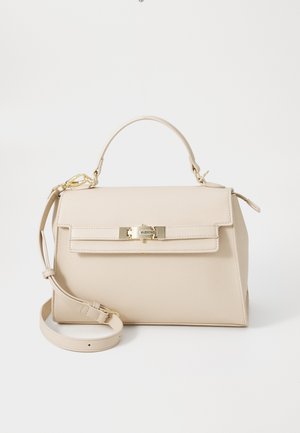 Beige leather handbag with a structured shape, top handle, removable shoulder strap, and gold-tone hardware. Features a clasp closure.