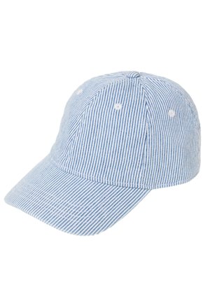 Blue and white vertical striped baseball cap with a curved brim and stitched ventilation holes on the crown.