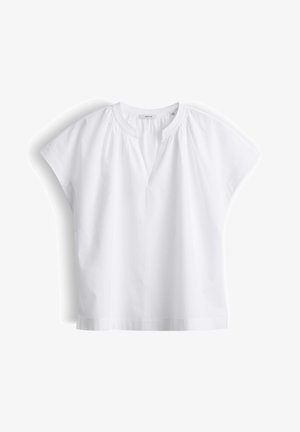 Witte blouse met korte mouwen, een ronde halslijn, een subtiele voorste split en fijne geplooide details bij de kraag.