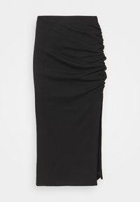 Svart midikjol i stretchtyg med rynkade detaljer på ena sidan och en sidospalt, med en mjuk textur och ajusterad design.