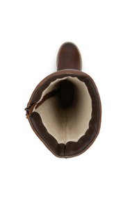 Bruine leren laars met een zachte, beige voering. Bevat een ronde neus en een gladde textuur, met een gestikte naad langs de bovenrand.