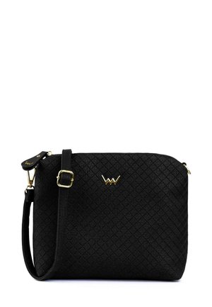 Black quilted faux leather crossbody bag with adjustable strap and gold hardware. Features prominent logo on front, rectangular shape.