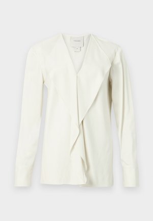 Vit långärmad blus med V-ringning, med en draperad front och åtsittande ärmar. Slät tyg med en subtil lyster, skräddarsydd design.