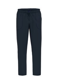 Marineblauwe stretchbroek met een elastische tailleband, verstelbaar trekkoord en twee voorzakken. Gladde textuur en taps toelopend ontwerp.