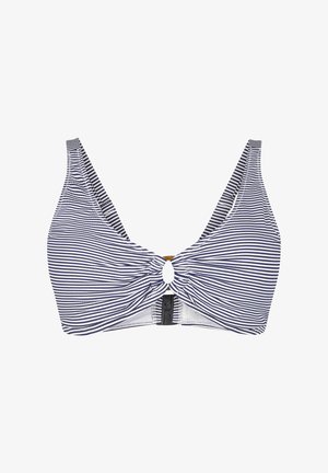 Bikinijus gornji dio u mornarskoj plavoj i bijeloj prugastoj izvedbi, s dizajnom s uvijenim prednjim dijelom, rupom za pogled, podešivim trakama i kopčanjem straga.