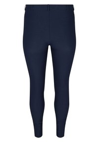 Marineblaue Stretchhosen mit einer figurschmeichelnden Passform, elastischem Bund und schmal zulaufenden Knöcheln. Hergestellt aus glattem Stoff, der ein elegantes Aussehen bietet.