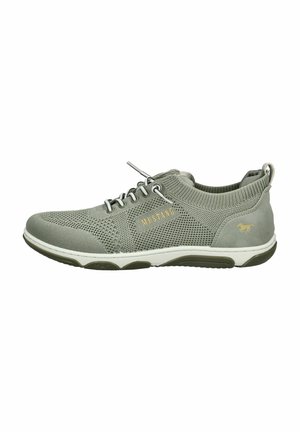 Gray mesh sneaker with rounded toe, elastic laces, and white rubber sole. Gold "MUSTANG" logo and horse detail on the heel.