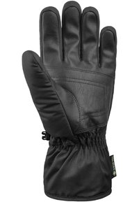 Black leather gloves with a padded fabric cuff, featuring a gathered design and an adjustable strap for a secure fit.