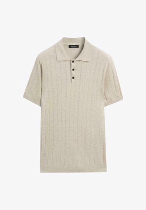 Polo beige à manches courtes avec côtes verticales et trois boutons foncés sur la patte de boutonnage.