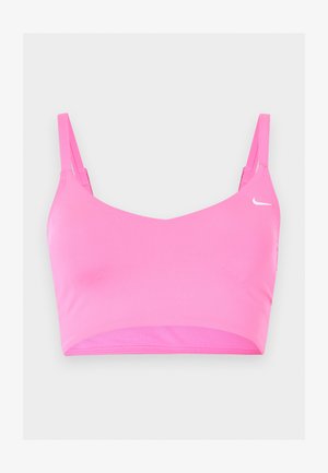 Φωτεινό ροζ αθλητικό σουτιέν με λεπτές διπλές τιράντες και μικρό λευκό λογότυπο Nike swoosh στο επάνω δεξί μέρος.