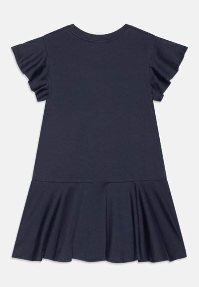 Vestido de algodón azul marino con mangas cortas con volantes, escote redondo y falda acampanada. Textura suave con un acabado limpio.