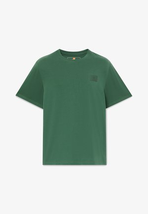 Groen katoenen T-shirt met een ronde hals, korte mouwen en een vierkante logovlek op de linkerborst. Soepele textuur en losse pasvorm.