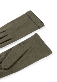Olive green knit gloves with extended cuffs and black trim detail at the wrist, laid flat on a white background.