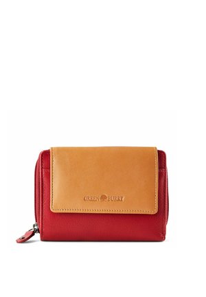 Kompakte Lederbrieftasche in Rot mit einer kastanienbraunen Klappe, die das eingeprägte "Green Burry"-Logo zeigt, und einer seitlichen Reißverschlusstasche.