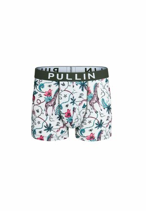 Boxers blancs avec ceinture noire affichant "PULLIN", décorés de fleurs roses, de feuilles vertes, de papillons et de girafes brunes.