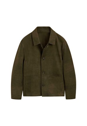 Olive green suede jacket featuring a collared neckline, front buttons, and two large patch pockets for storage and functionality.
