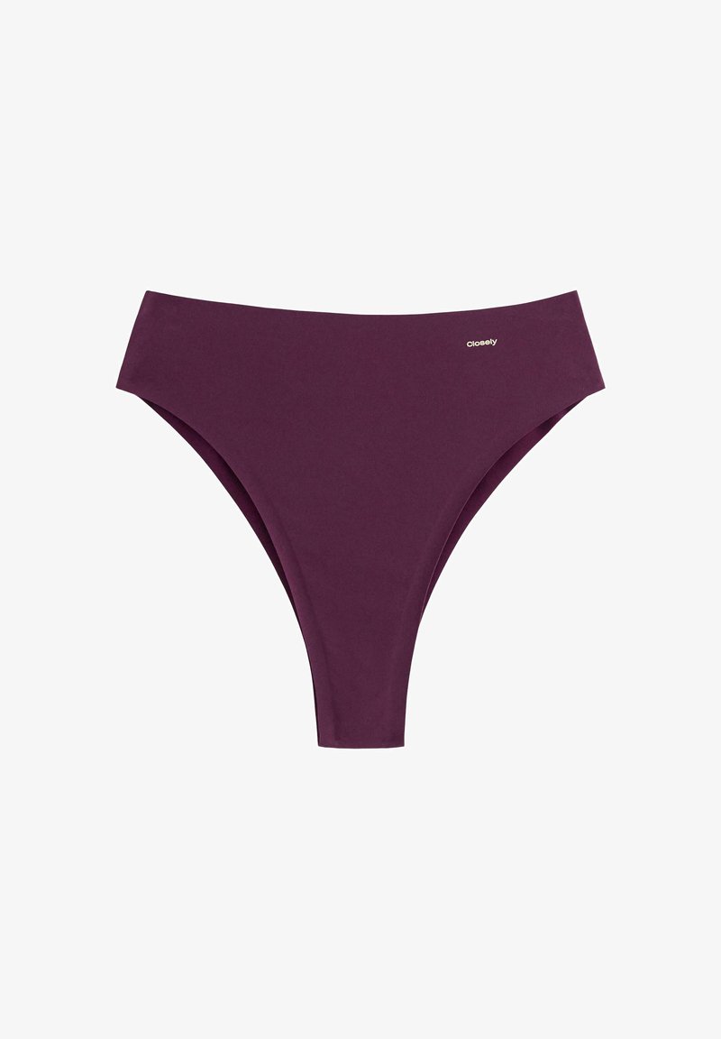 Syvän violetit saumattomat string-alushousut, joissa on pieni valkoinen "Closely"-logo edessä oikealla puolella.