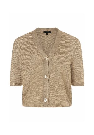 Short-sleeve, V-neck cardigan in a light beige knit. Features a textured pattern and three buttons at the front. Soft, breathable material.