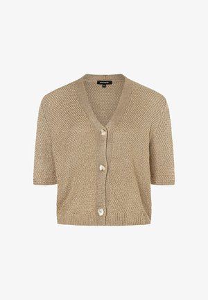 Short-sleeve, V-neck cardigan in a light beige knit. Features a textured pattern and three buttons at the front. Soft, breathable material.