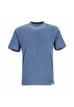 Plain blue short-sleeve crew neck t-shirt made of soft fabric, displayed on a white background.