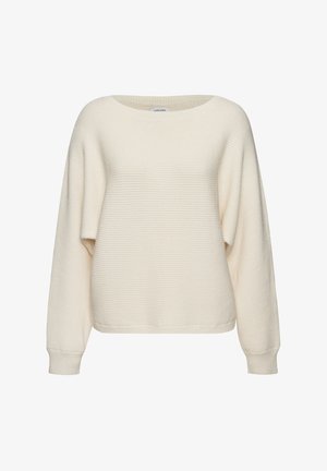 Maglione color crema con texture a coste, scollatura ampia e maniche lunghe. Design casual con una vestibilità morbida e senza decorazioni.