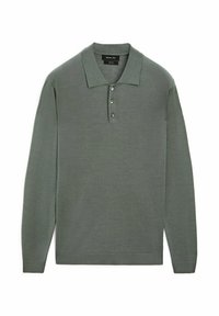 Long-sleeve polo shirt in muted green, made of smooth fabric. Features a classic collar and three-button placket, with subtle texture.