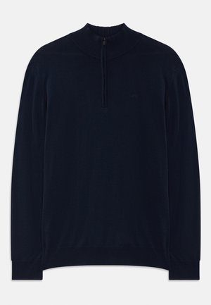 Navy blue pullover sweater with a zippered collar, ribbed neckline, and cuffs. Soft texture and long sleeves, featuring a minimal logo detail.