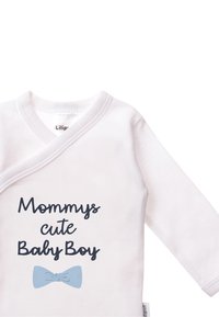 White long-sleeve baby bodysuit featuring navy blue text "Mommys cute Baby Boy" and a light blue bow graphic. Soft cotton material.