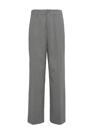 Grijze broek van een gladde stof. Voorzien van een knoopsluiting, riemlussen en een recht gesneden ontwerp met strakke lijnen en geen zichtbare patronen.