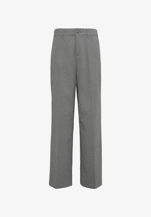 Pantalon gris en tissu lisse. Il présente une fermeture par bouton, des passants de ceinture et un design à jambes droites avec des lignes épurées et sans motifs visibles.