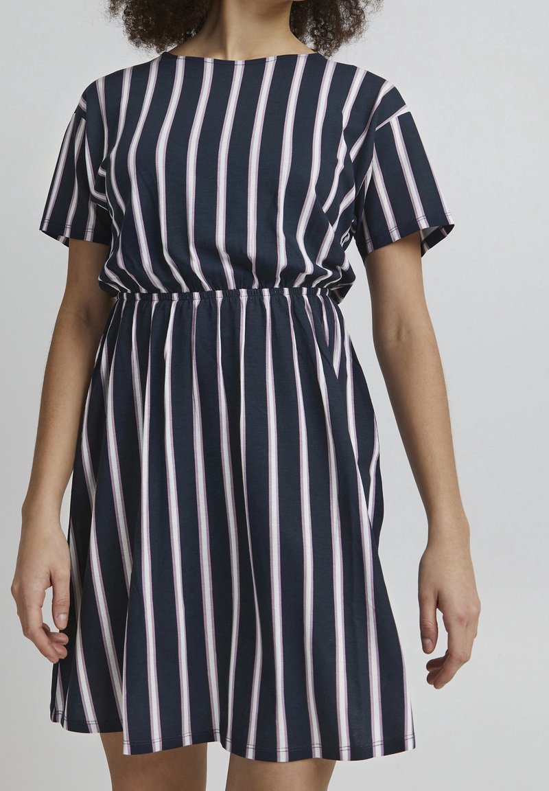 Striped dress in navy with pink and white vertical stripes. Short sleeves, round neckline, and elastic waist for a flared silhouette.