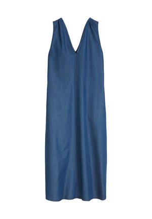 Jeanskleid, ärmellos mit tiefem V-Ausschnitt, gerader Schnitt. Aus mittelschwerem Stoff in einfarbigem Blau gefertigt, mit Nahtdetails.